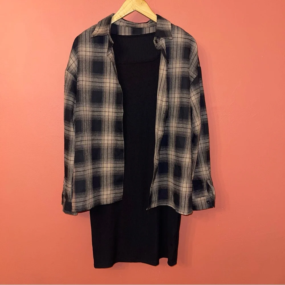 Burnt Orange Plaid Shirt and Black Dress Set - Picture 1 of 4